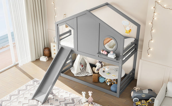 English Elm Full Bunk Bed with Trundle Bookshelf Storage Pine Frame Car Design for Kids Gray W1580S00465
