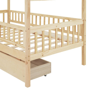 English Elm Twin House Bed Pine Wood Frame with Storage Drawers Kids Bedroom Playful Design Natural WF302181AAN