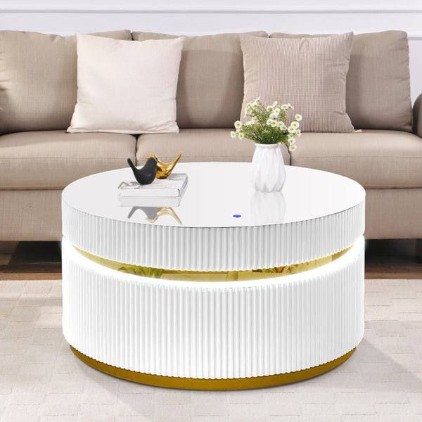 English Elm Tivoli Round Glass Top Coffee Table with Led Glow Reeded Base and Gold Accent Detail B2749P413291