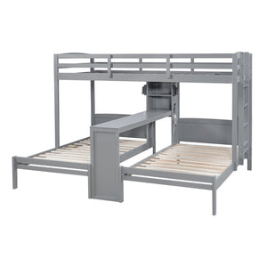 English Elm Twin Triple Bunk Bed with Built in Desk Open Shelving and Led Task Lighting Gray N7090002243E