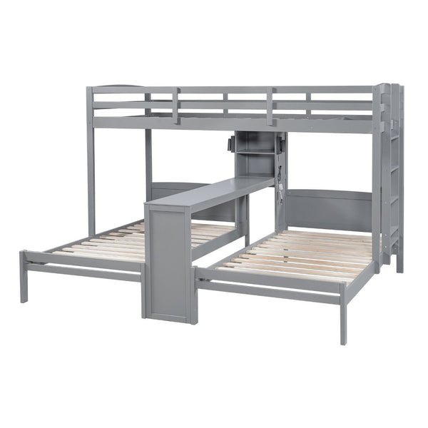 English Elm Twin Triple Bunk Bed with Built in Desk Open Shelving and Led Task Lighting Gray N7090002243E