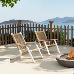 English Elm Jennifer Taylor Home - Atlas Adirondack Chair Natural Beige | All-Weather Wicker, Teak Armrests, Rust-Resistant Aluminum, Relaxed Recline Comfort B2719P320846