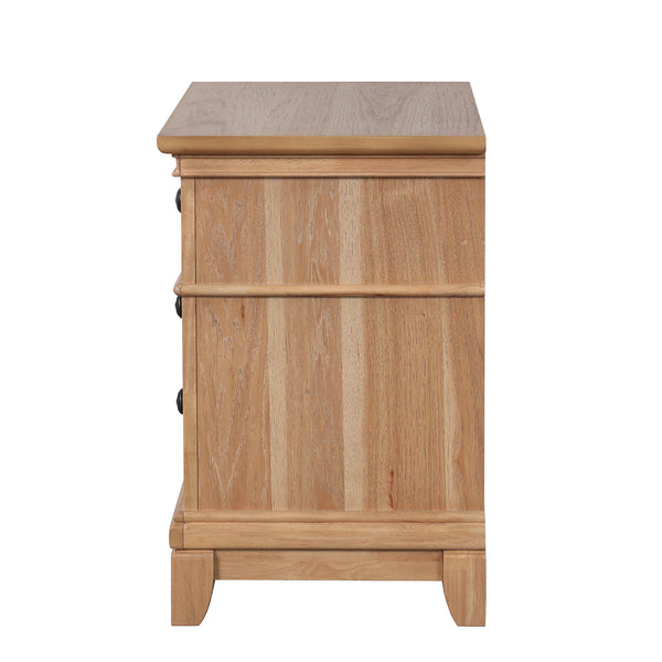 English Elm Farmhouse Natural Oak Nightstand with Felt-Lined Top Drawer, Dovetail Pecan Veneer 3-Drawer Table B2741P406814