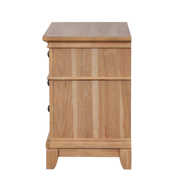 English Elm 3pc Farmhouse Queen Bed Set Plank Headboard Natural Oak Finish Dovetail Nightstands B2741S00945