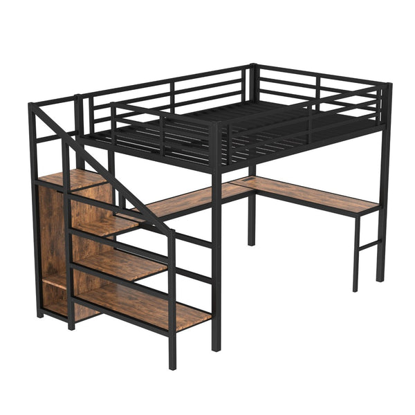 English Elm Queen Size Loft Bed With L-Shaped Desk, Usb Ports & Led Light - Modern Metal Frame For Stylish Spaces W1580S00180-GIGA