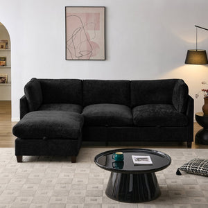 English Elm 96.5" L-shaped Chenille Sectional with Storage Ottoman Eucalyptus Frame Living Room Black W1097S00282