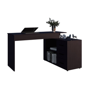 English Elm Cornville Modern L-Shaped Desk Wenge with 3 Drawers, Scratch-Resistant Surface and Ample Storage B128P375304