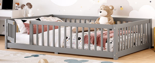 English Elm Full Floor Bed with Safety Guardrails and Play Door for Kids, Low Profile Pine Frame, 550lb Capacity Gray W1580P338951