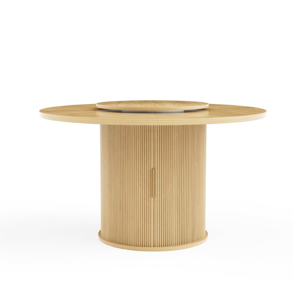 English Elm 55-inch Round Wood Dining Table Seats Six with Turntable Tray and Tiered Storage W1162P357242
