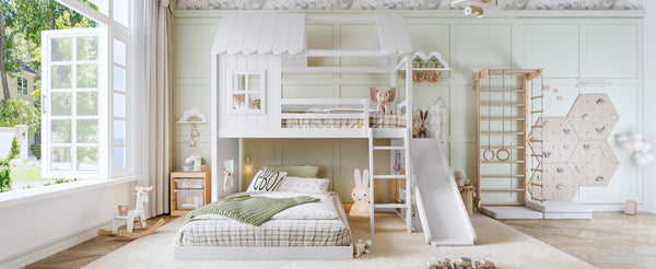 English Elm Twin Over Full Playhouse Bunk Bed with Slide Ladder Storage Shelves and Wardrobe Light White W5305S00039
