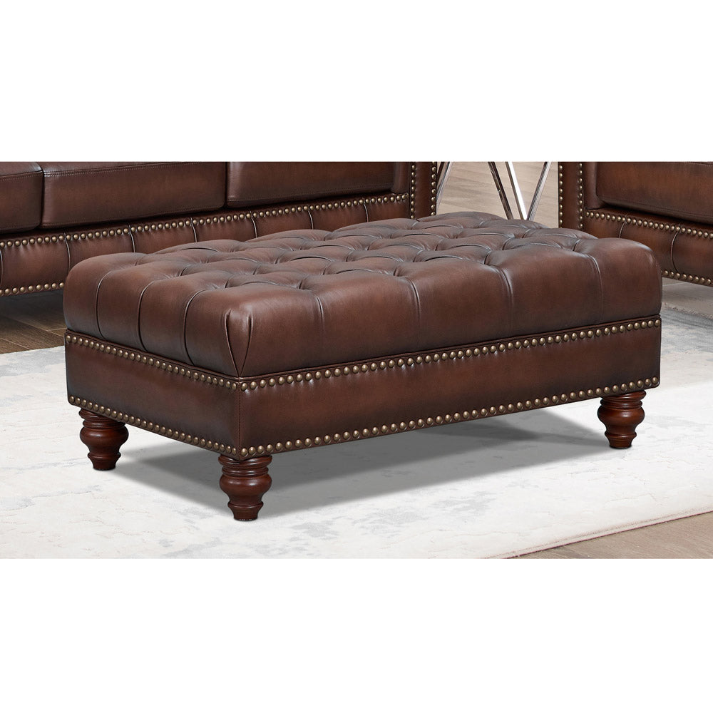English Elm Alton Bay Leather Ottoman with Button-Tufted Chesterfield Detail, Rolled Arms, Solid Wood Bun Feet Elegance B2705P211740