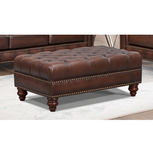 English Elm Alton Bay Leather Ottoman with Button-Tufted Chesterfield Detail, Rolled Arms, Solid Wood Bun Feet Elegance B2705P211740