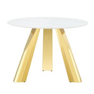 English Elm 42" Modern Luxury Round Sintered Stone Dining Set with Gold Metal Base & 4 Black PU Chairs, 42" Durable 5-Piece Contemporary Ensemble W1512S00122