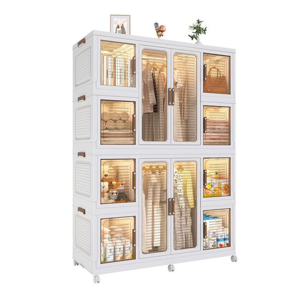 English Elm Portable Wardrobe Closet Organizer with 12 Magnetic Doors, 12 Cubes, 2 Rods, 16 Hangers — Durable PP Storage Cabinet White W2699P184784
