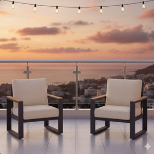 English Elm Set of 2 Powder-coated Aluminum Outdoor Armchairs with Ergonomic Reclined Cushioned Seats Beige+Black B082P455136