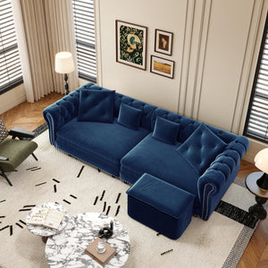 English Elm Chesterfield 3-In-1 Convertible Sofa Bed - Plush Velvet Sleeper With Ottoman & Tufted Design, Blue W1885S00175