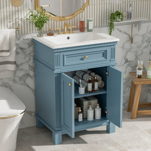 English Elm 24'' Carved Farmhouse Bathroom Vanity with Ceramic Sink Soft Close Storage Cabinet Indigo Blue N710P446530M