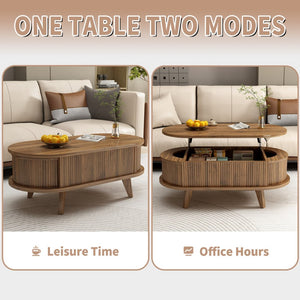 English Elm Fluted Oval Lift Top Coffee Table Walnut Wood Storage Mid Century Living Room W2641P449066