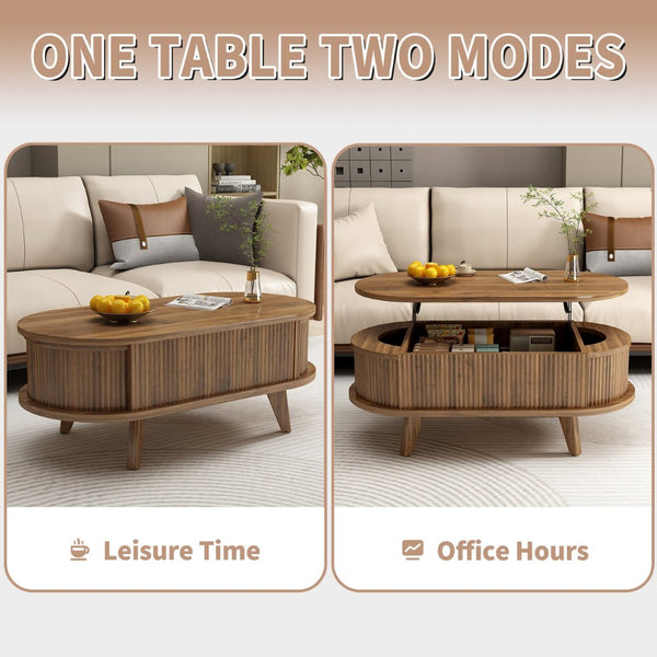 English Elm Fluted Oval Lift Top Coffee Table Walnut Wood Storage Mid Century Living Room W2641P449066