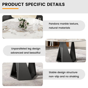 English Elm 59.05" Round Marble Dining Table With Sturdy Black Iron Base For 6-8 People - Modern Elegance W1535S00467