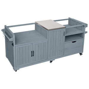 English Elm K&k 80.5 Inch Outdoor Kitchen Island Solid Fir Wood Stainless Steel Grill Cart Station Grey+Blue N707P392140G
