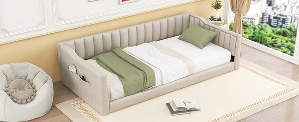 English Elm Twin XL Upholstery Daybed with Vertical Channel Tufting, Velvet Fabric, Slat Support & Side Storage Pocket for Guests Beige DL002210AAA