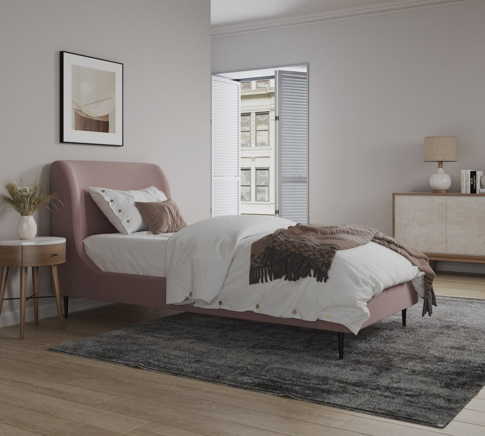 English Elm Twin Velvet Upholstered Bed with Arched Headboard and Sleek Metal Legs for Bedroom Pink+Black B365S00152