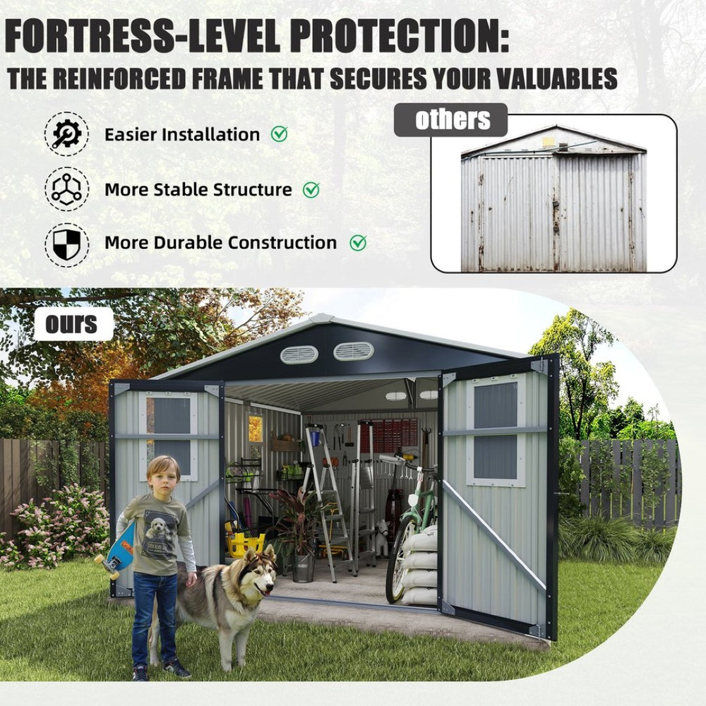 English Elm Outdoor Metal Storage Shed 8x8 Ft with Four Windows and Lockable Double Doors Dark Gray W1598S00041