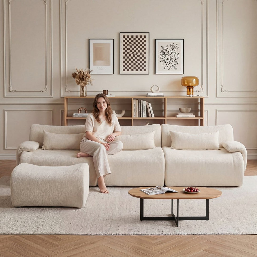 English Elm Boneless Curved Sofa with Chaise High Density Foam Three Seat Modern Living Room W3728S00005