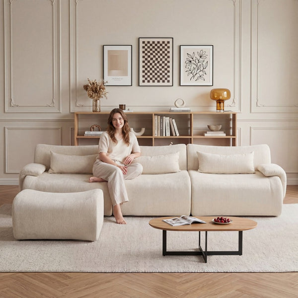 English Elm Boneless Curved Sofa with Chaise High Density Foam Three Seat Modern Living Room W3728S00005