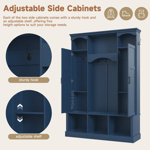 English Elm On-trend Farmhouse Hall Tree with Dual Cabinets Seven Hooks and Arched Entryway Storage Blue N721S000078C