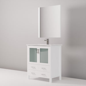 English Elm White Bath Vanity Set With Ceramic Top, Chrome Faucet, And 28" Mirror – Perfect For Small Spaces! B2731S01285-GIGA