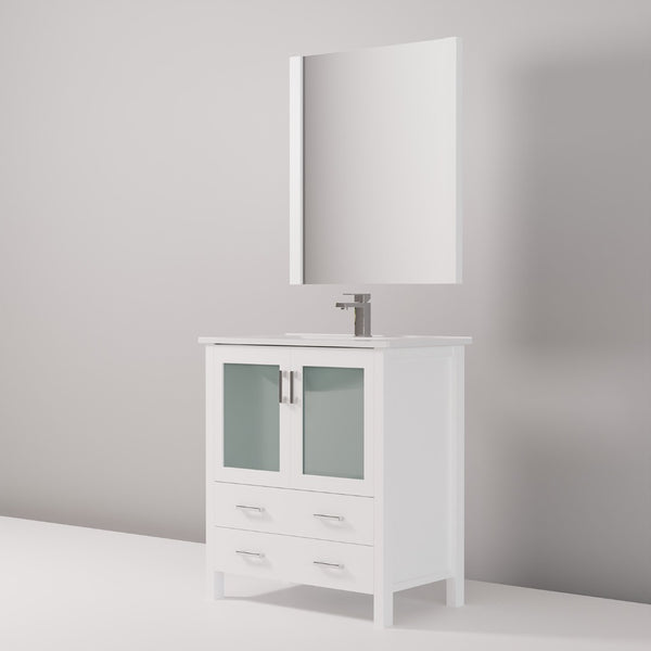 English Elm White Bath Vanity Set With Ceramic Top, Chrome Faucet, And 28" Mirror – Perfect For Small Spaces! B2731S01285-GIGA