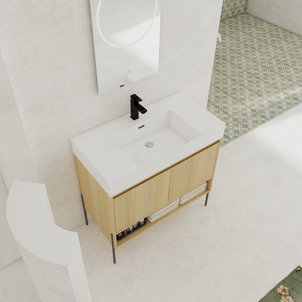 English Elm 36" Bathroom Vanity Combo With Resin Sink, Oak Finish, Stylish Storage & Easy Assembly For Modern Homes W1972S00009