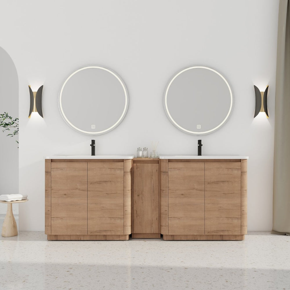 English Elm 84'' Freestanding Double Sink Bathroom Vanity Oak Finish Soft Close Storage Cabinet W999S00516