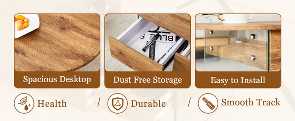 English Elm Cozy Natural Oval Coffee Table with Dual Drawers, Tempered Glass Legs, Wood Grain MDF Top, 43.3"x23.6" W1512P405601