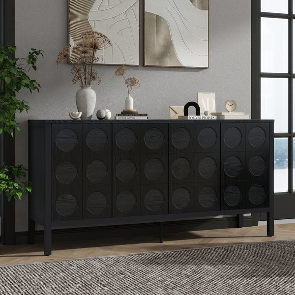 English Elm Stylish Geometric Circle Door Sideboard Cabinet with MDF Solid Wood Legs Adjustable Shelves Black W2696P256250