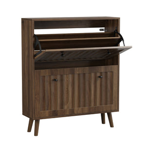English Elm Medieval-style Walnut Tilt-out Shoe Cabinet Vertical Groove Entryway Storage Unit W1706P465293