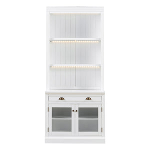 English Elm 83.4"tall Bookcase with Led Shelves Sliding Doors Open Storage Modern White N751S379857K