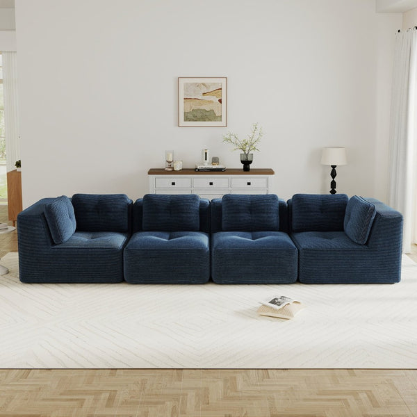 English Elm Modern Corduroy Sectional Sofa Tufted Four Seat Modular Design with Deep Cushions Blue W714S01804