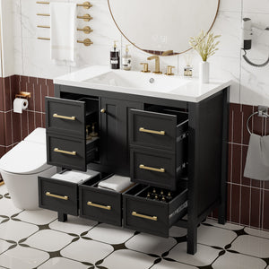 English Elm 36'' Bathroom Vanity with Resin Sink, Solid Wood Frame, 5 Drawers, Soft-Close Doors, Gold Knobs, Spacious Storage Black SW000142AAB-1