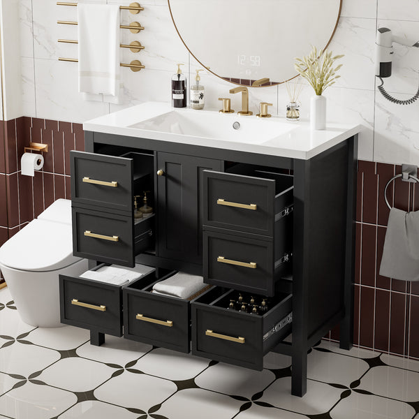 English Elm 36'' Bathroom Vanity with Resin Sink, Solid Wood Frame, 5 Drawers, Soft-Close Doors, Gold Knobs, Spacious Storage Black SW000142AAB-1