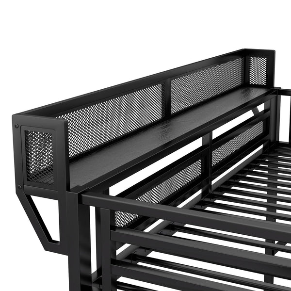 English Elm Full Size Loft Bed With Stairs And Storage Shelves – Stylish Black Metal High Loft Bed For Kids & Teens W2580S00037