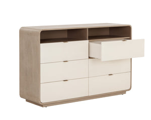 Sunpan Kayden Dresser: Timeless Acacia Wood Charm with Oyster Shagreen Drawers & Antique Brass Hardware