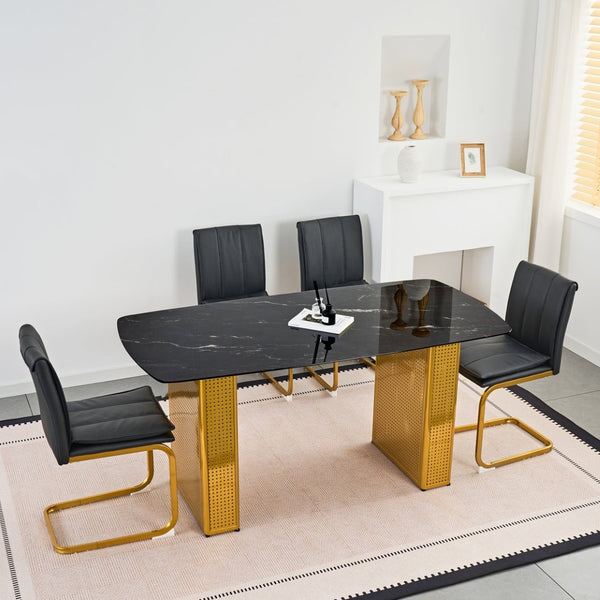 English Elm Modern Marble Glass Dining Table Gold Dual Pedestal Base Seats Eight Elegant W5123P397499
