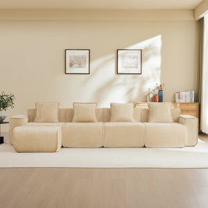 English Elm Streamlined Modular L-shaped Sectional Velvet Sofa with Ottoman and Tailored Piping Detail Light Camel W3041S00355