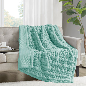JLA Home Madison Park - Throw Ruched Faux Fur Throw with Plush Faux Mink Reverse, OEKO‑TEX Certified, Machine Washable Luxury Aqua MP50-4877