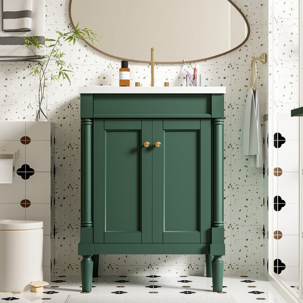 English Elm 24'' Modern Bathroom Vanity with Ceramic Basin, Solid Wood Frame, Soft-Close Doors, Ample Storage Green N710P190503F