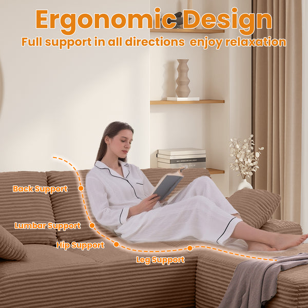 English Elm 103.5" Cloud Sectional Couch with L-Shape Chaise - No Assembly Modular Sofa, Plush Corduroy, Deep Seat Comfort Brown T3801S00007