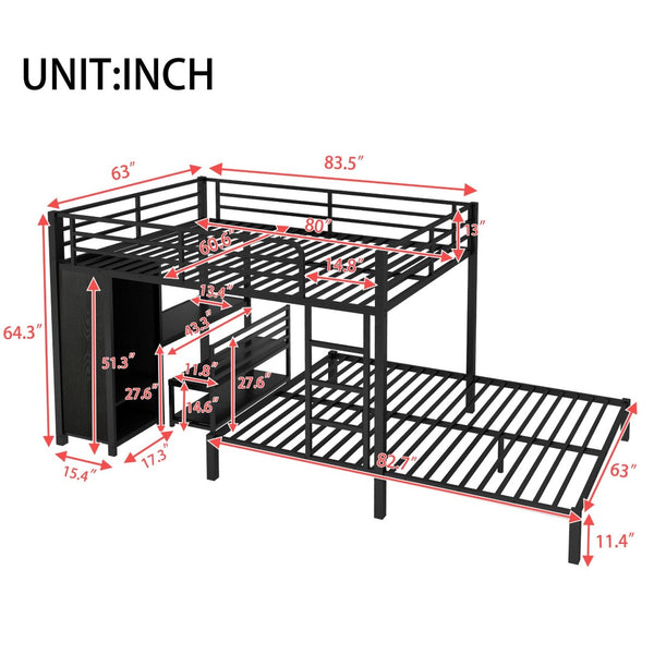 English Elm Queen Over Queen Bunk Bed Frame With Desk, Storage Chairs & Wardrobe – Space-Saving Black Design W1580S00110-GIGA
